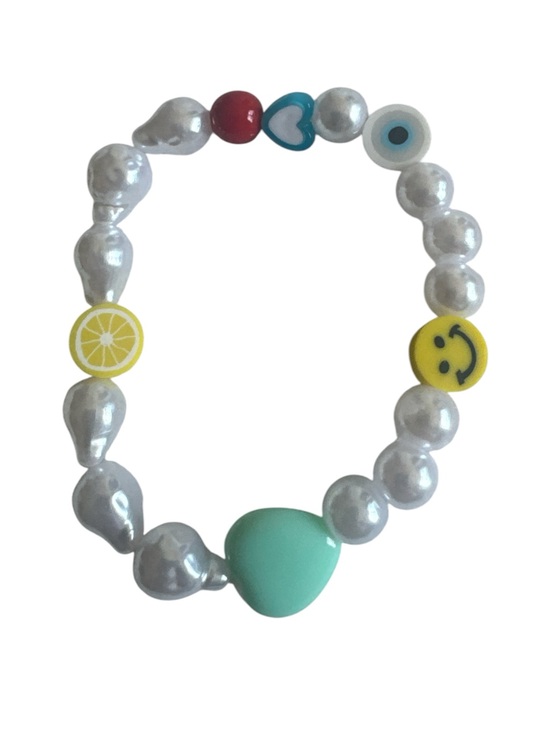 Jewelry - Pearl Bead Stretch Bracelet with Mint Heart & Colorful Charms